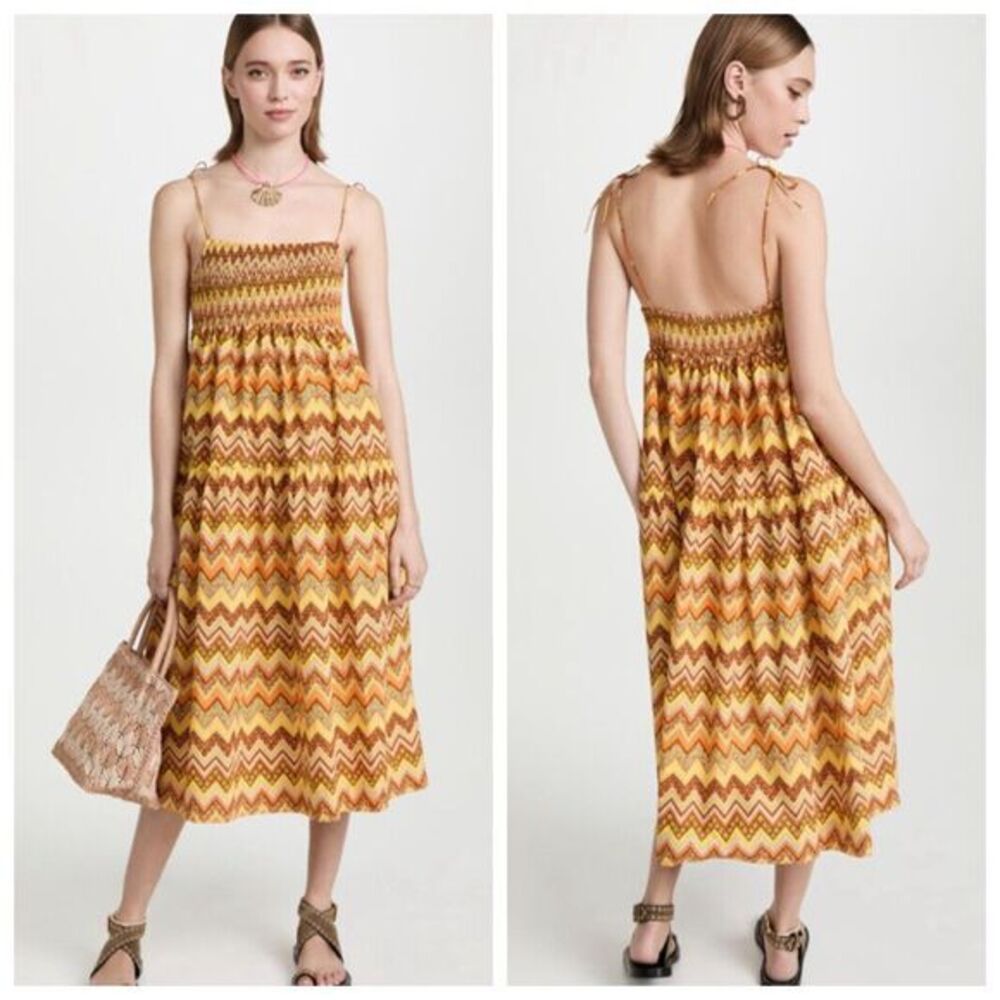SWF Zigzag Midi Dress Women’s Size Small Yellow Smocked Cotton Tie Shoulder